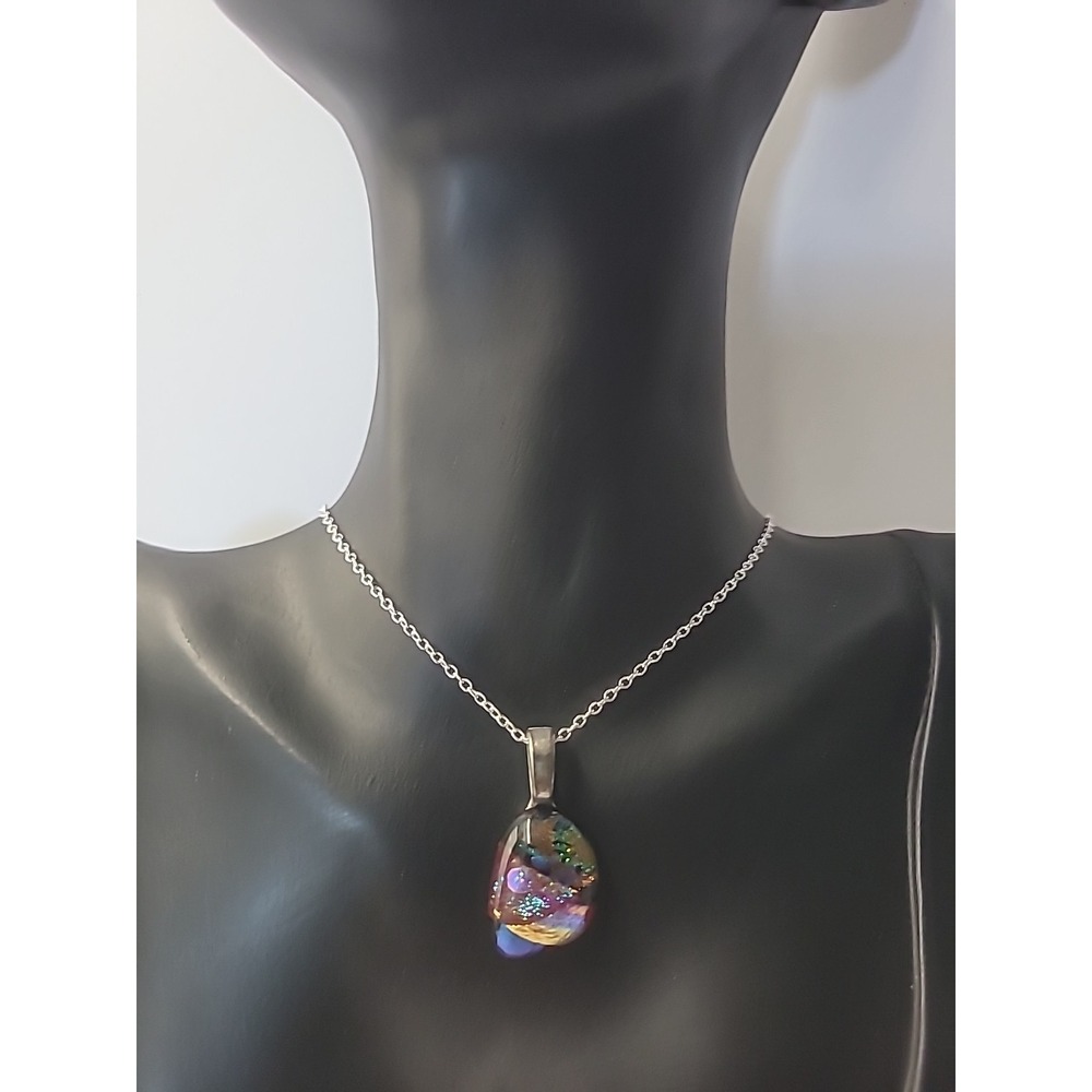 Vintage Handcrafted Dichroic Glass Pendant Necklace Iridescent Rainbow Art Glass